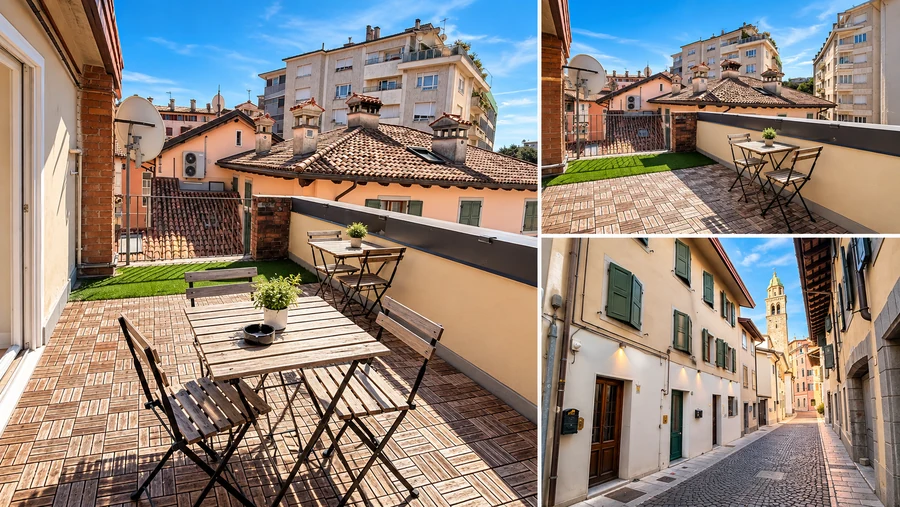 Collage di tre foto: la terrazza veneziana comune a White e Red con tavolini e sedie, e un vicolo del centro storico