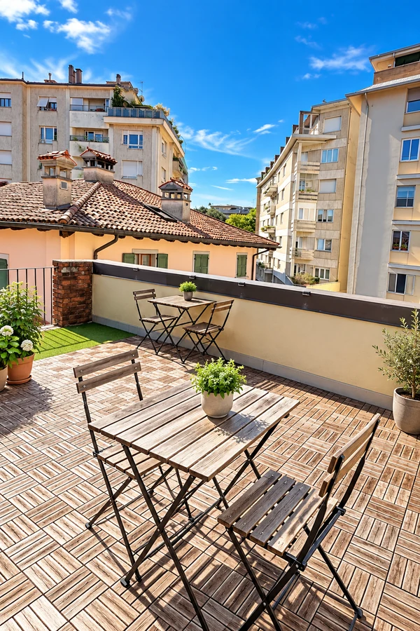 Terrazza veneziana di Vicolo Sillio 5, comune a White e Red, con tavolino, sedie pieghevoli, piante e vista sui tetti