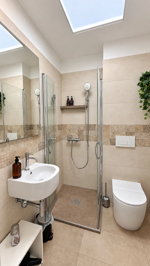 Bagno privato di Alkecè White con lucernario, box doccia in vetro, lavabo e sanitari sospesi